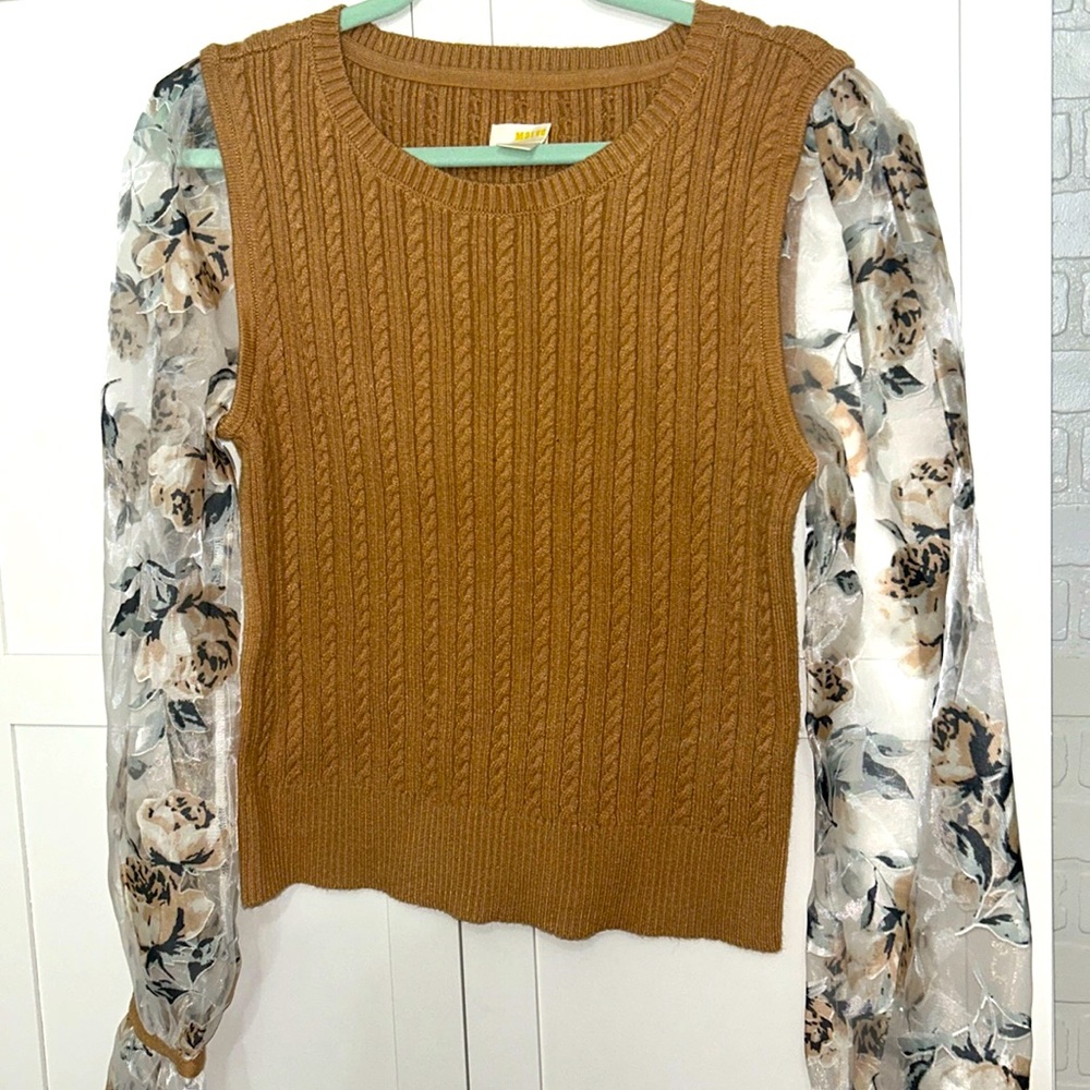 ANTHROPOLOGIE Maeve Floral Sheer Sleeves with Tan Sweater new size large
